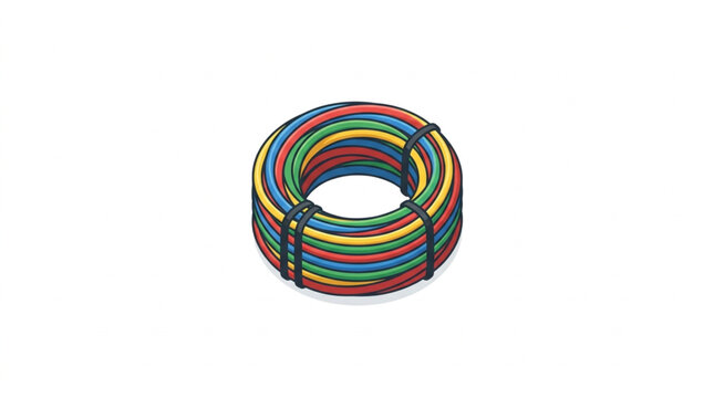 Coiled electrical wires in multiple colors tied together.