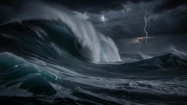 Stormy ocean towering crashing wave dark lightning filled sky dramatic powerful seascape fierce stormy ocean towering waves
