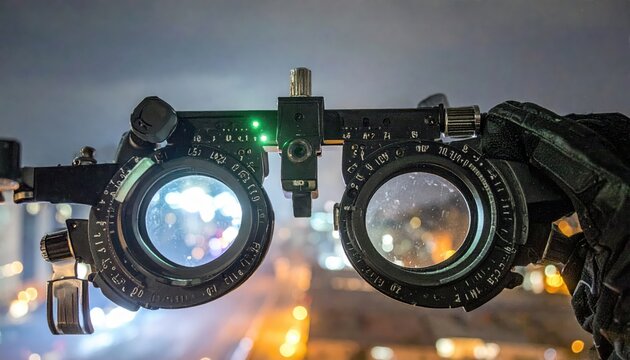 Close-up view of an advanced optometry trial frame with intricate lenses and adjustment knobs against a blurred cityscape background.