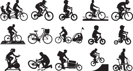 Naklejka premium Collection of bicycle silhouettes, people riding bikes, kids, family, and exercise isolated on white background, Vector