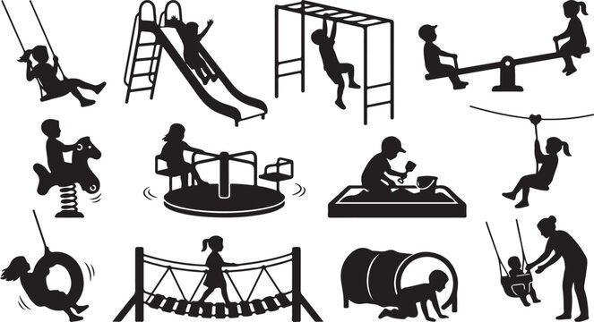 Collection of children playing on playground equipment silhouettes, including swings, slide, merry-go-round, and seesaw isolated on white background, Vector