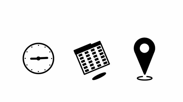 Time, date, and location icon set in black outline style. Simple symbol collection for schedule, calendar, navigation, and communication design.
