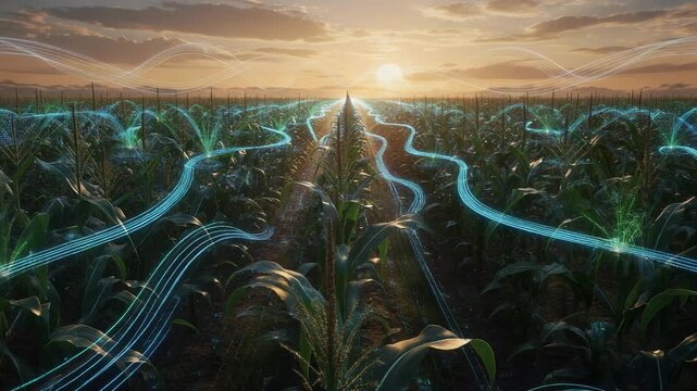 Futuristic cornfield sunset with glowing digital stream and data flow, glowing lines over smart farm conveying connected