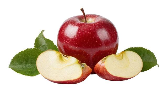 Whole red apple with two slices and green leaves