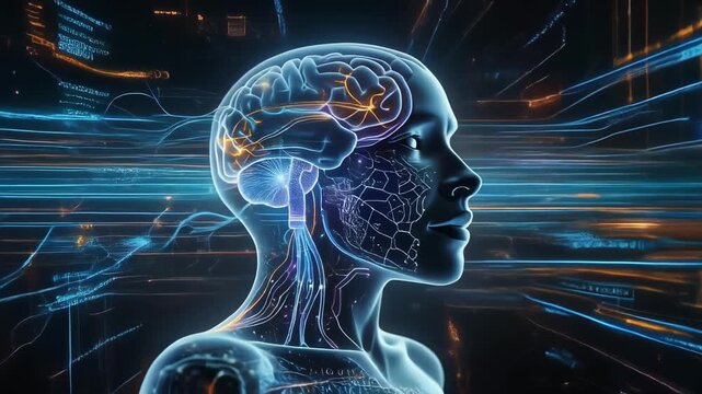 Glowing brain with neural impulse and data stream futuristic human profile illustrating neuroscience, cognition, connectivity