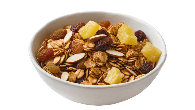 Granola bowl with raisins almonds, and pineapple chunks