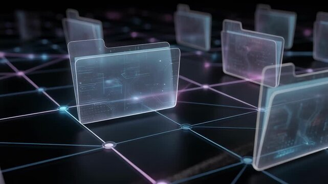 Translucent data folder network glowing neon lines futuristic digital files connected across grid with circuit patterns