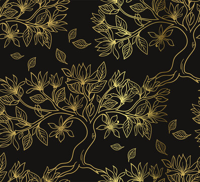  champaca tree seamless vector pattern, golden, black ink traditional oriental asian Indian design isolated