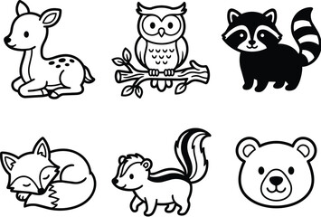 Obraz premium Cute woodland animal set of six cartoon characters in line art style