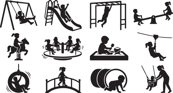 Children playing on playground equipment silhouettes collection isolated on white background, Vector