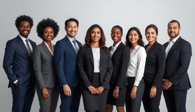 Diverse professional business team standing together in studio with business professional corporate colleagues leadership employees management collaboration businessperson workplace partners