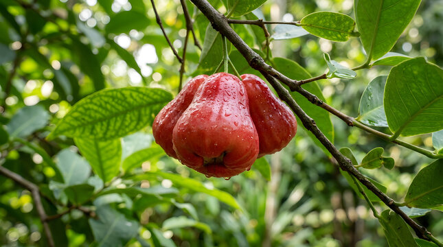 Pair of Fresh Red Wax Apples on Branch