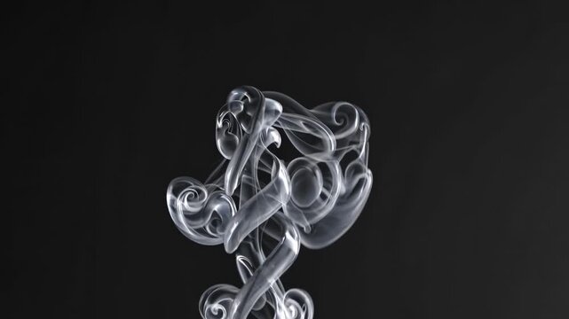 Smoke wisps swirl and twist in a dynamic formation against a dark background, creating an intricate pattern that evolves through three distinct frames of motion