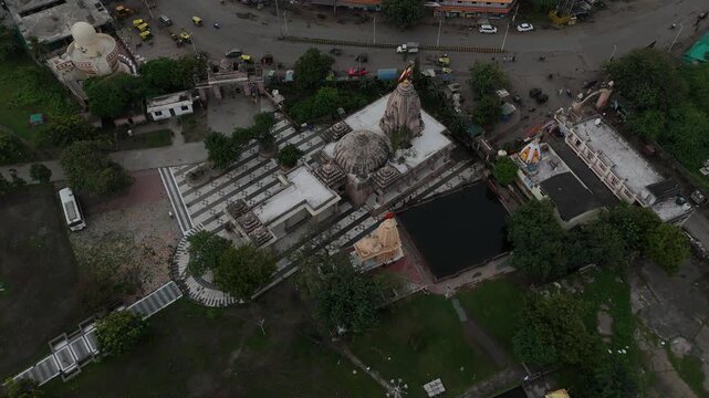 Aerial view of the sacred Bhalka Tirth Temple complex and sacred pond in Veraval, Gujarat.