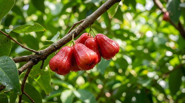 Cluster of Ripe Red Wax Apples on Tree