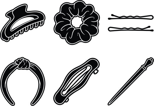 Hair accessories vector set including scrunchie bun hairpin clip and hair stick