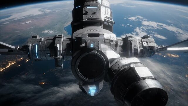 Futuristic space station with large solar panel arrays orbiting Earth glowing lights distant city illumination metallic modules
