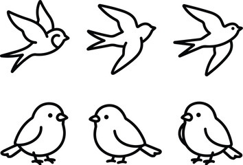 Fototapeta premium Six birds in black outlines, three swallows and three sparrows, simple icon style