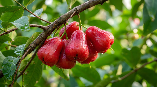 Cluster of Ripe Red Wax Apples on Tree