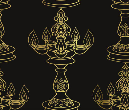  samai oil lamp traditional dishes tableware seamless vector pattern, golden, black ink oriental asian Indian design isolated