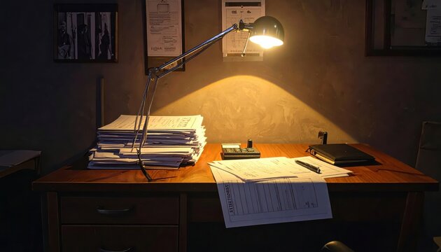 Desk piled high with completed police paperwork and reports illuminated by a desk lamp, signifying thorough investigation and case closure.