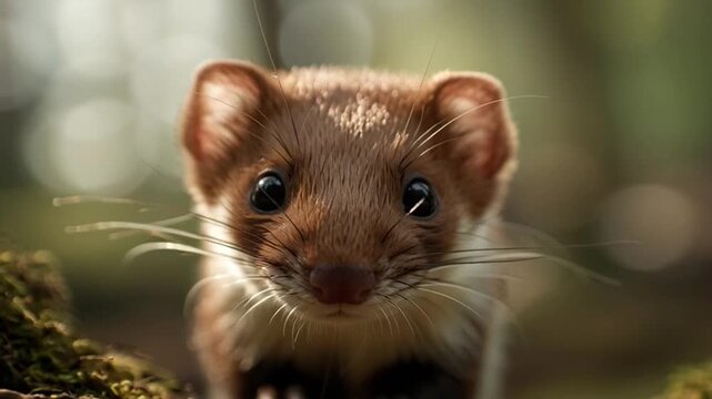 Curious stoat peeking from behind a mossy log in a sunny forest