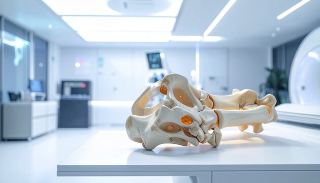 Detailed anatomical hip bone skeleton model on a table in a modern medical clinic examination room