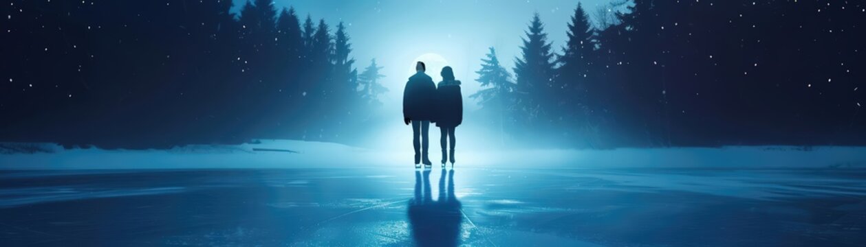 A couple ice skating on a frozen lake under the moonlight, surrounded by snow-covered trees