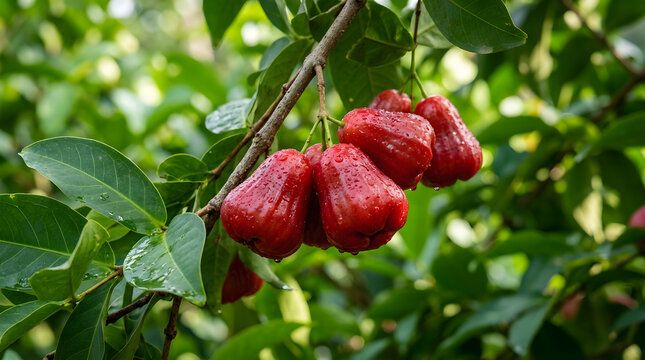 Cluster of Ripe Red Wax Apples on Tree