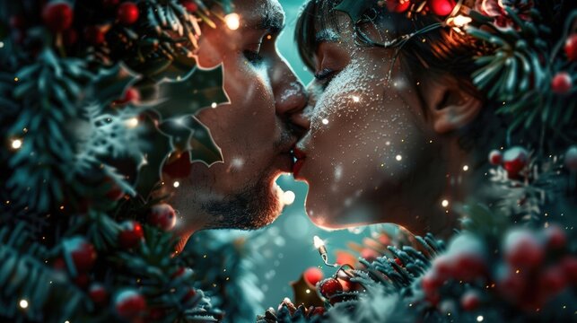 A couple sharing a kiss under the mistletoe