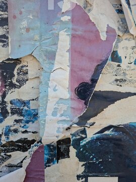 Torn and ripped street poster, grungy background, messy old paper collage