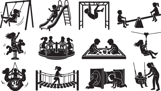 Children playing and having fun on playground equipment in a collection of silhouette icons isolated on white background, Vector