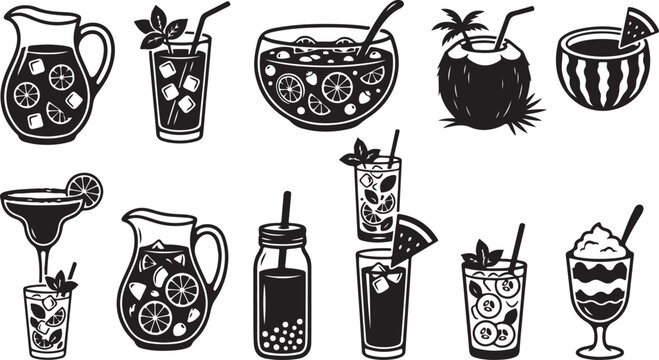 Collection of summer drinks and cocktails with fruits and ice, black and white outline illustration isolated on white background, Vector