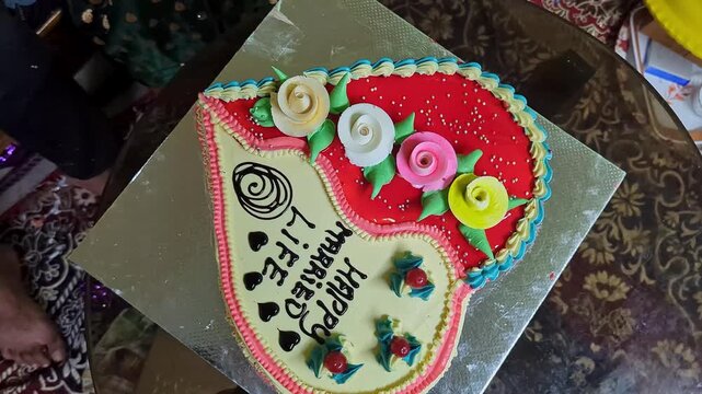 Closeup view of happy married life cake celebrating wedding and new journey together