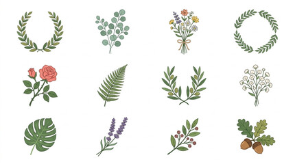 Collection of Botanical Illustrations and Wreaths. © parunten