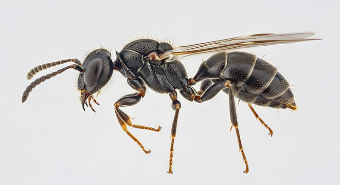 Detailed profile view of a black winged insect, an alate ant, isolated on a white background