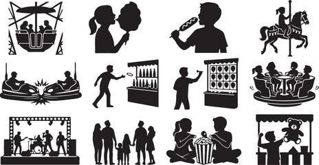 Collection of silhouettes at an amusement park with rides, food, and games isolated on white background, Vector © Shammi