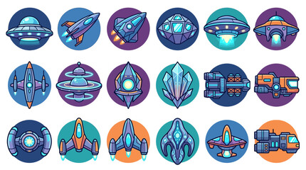 Collection of cartoon style spaceships and UFOs in circles. © parunten
