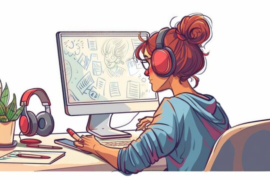 A cute cartoon Style ofA close-up of a graphic designer working on a project