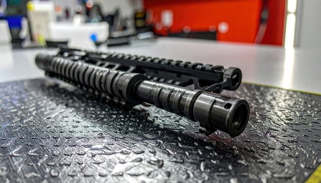 Detailed close-up of a disassembled rifle bolt carrier group, showcasing precision engineering and gun parts