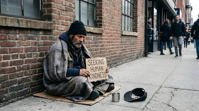 Homeless man sitting on sidewalk with cardboard sign asking for kindness