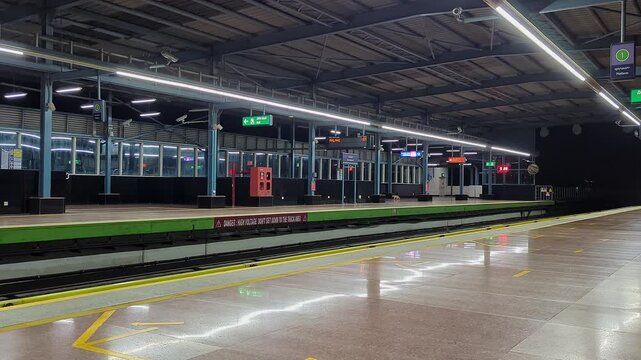 A video of metro train arriving in empty metro station platform with no crowd during night