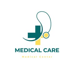 Fototapeta premium Medical Care Center Logo - Stethoscope with Medical Cross Icon in Teal and Yellow