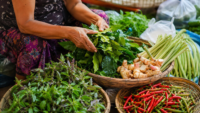 Vendor Handling Fresh Thai Herb Bundle with Ginger and Leafy Greens at Market