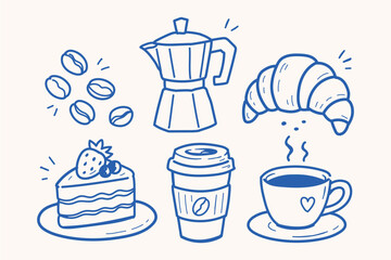 Fototapeta premium Cozy Coffee and Bakery Breakfast Doodle Set Vector Illustration with Croissant Cake Takeaway Cup and Moka Pot in Cute Hand Drawn Naive Blue Sketch Style