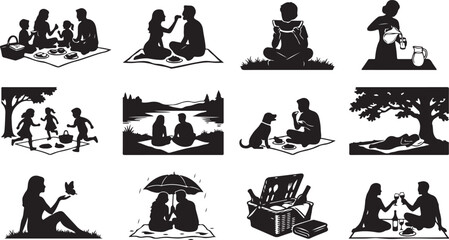 Obraz premium Family Picnic and Outdoor Leisure Silhouette Set Vector Illustration