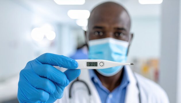 Doctor wearing blue gloves and mask holds up a digital thermometer displaying a normal temperature
