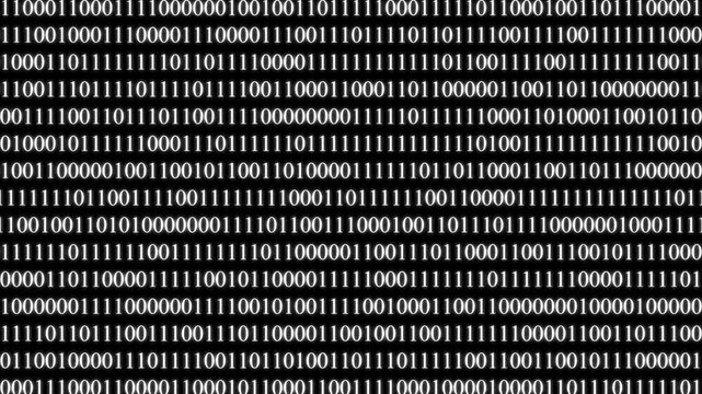 Abstract digital background featuring a seamless scrolling pattern of white binary code ones and zeros against a solid black screen for technology related concepts