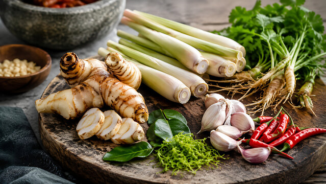 Fresh Lemongrass Galangal Garlic and Kaffir Lime Leaves for Thai Cooking Close Up