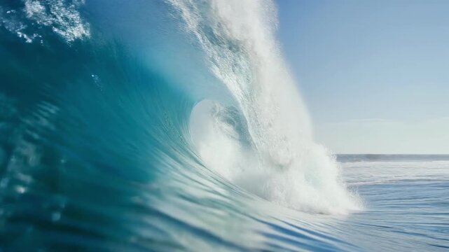 Powerful ocean wave curl crashing into blue water bright sky, dynamic energy and refreshing coastal motion evoking spray